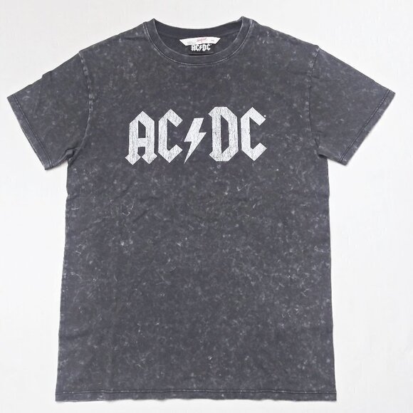 AC/DC Distressed Graphic Tee Lightening Bolt Logo Mineral Tie Dye Gray XXS NEW - Picture 1 of 4